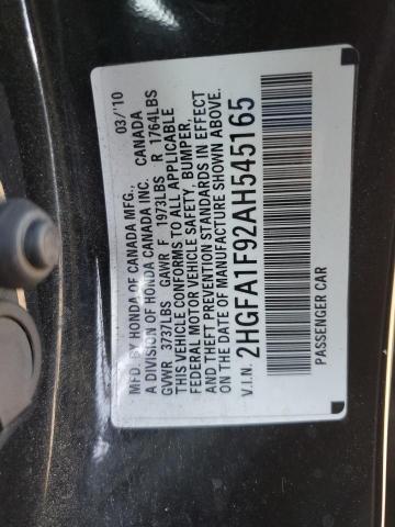 2HGFA1F92AH545165 - 2010 HONDA CIVIC EXL შავი ფოტო 12