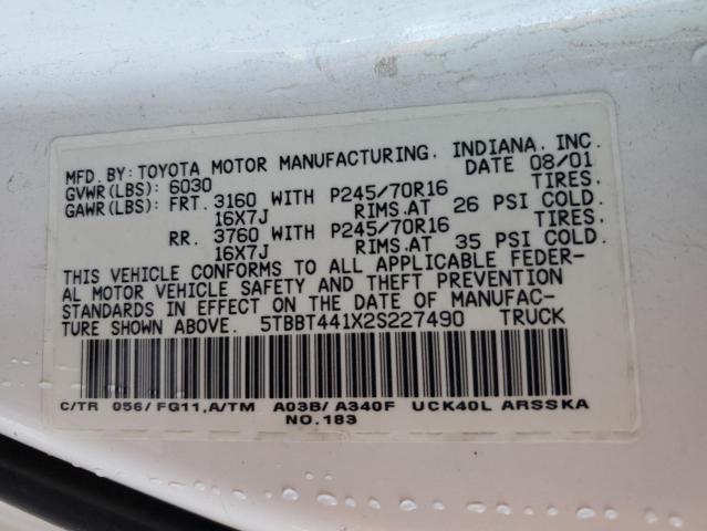 5TBBT441X2S227490 - 2002 TOYOTA TUNDRA ACCESS CAB თეთრი ფოტო 12