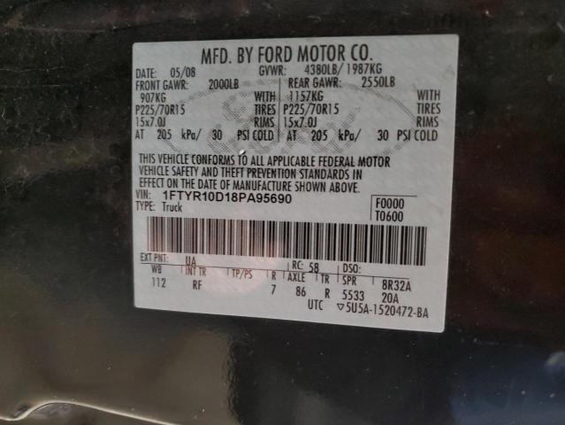 1FTYR10D18PA95690 - 2008 FORD RANGER BLACK photo 12