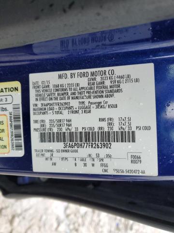 3FA6P0H77FR263902 - 2015 FORD FUSION SE BLUE photo 12