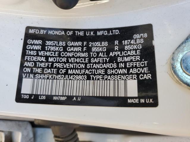 SHHFK7H52JU429803 - 2018 HONDA CIVIC EX Ağ foto 12