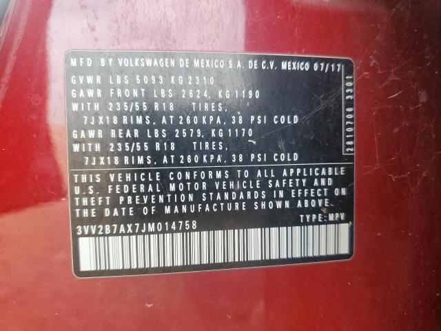 3VV2B7AX7JM014758 - 2018 VOLKSWAGEN TIGUAN SE Kırmızı fotoğraf 12