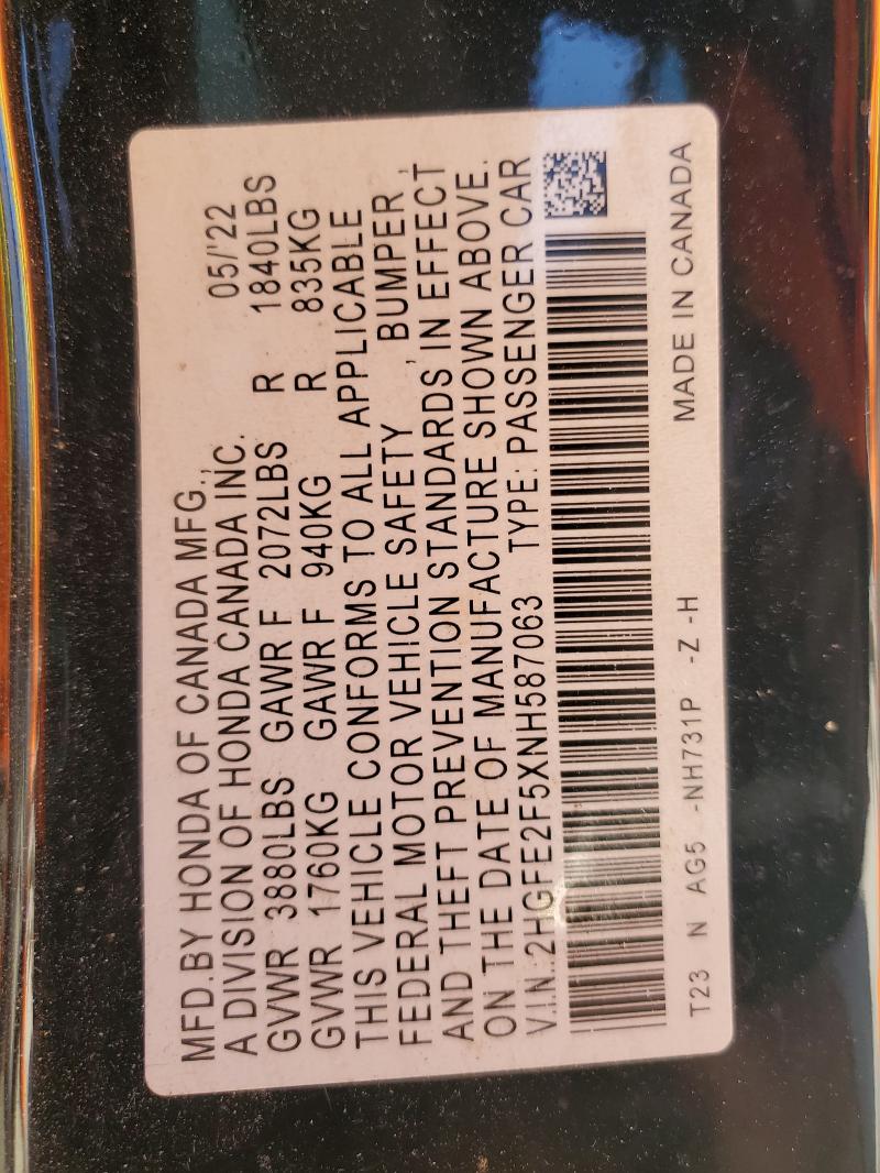 2HGFE2F5XNH587063 - 2022 HONDA CIVIC SPORT Қара фото 13