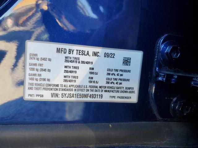 5YJSA1E59NF493119 - 2022 TESLA MODEL S BLUE photo 13
