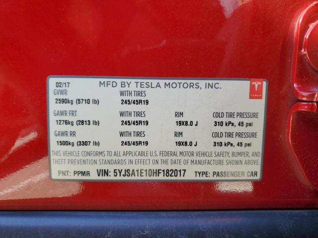 5YJSA1E10HF182017 - 2017 TESLA MODEL S RED photo 12