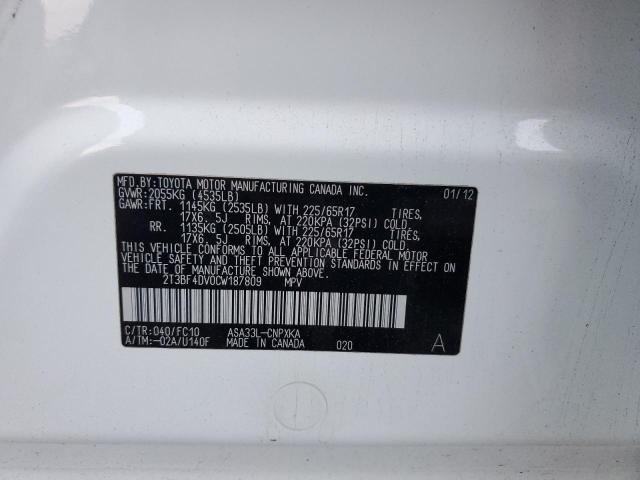 2T3BF4DV0CW187809 - 2012 TOYOTA RAV4 WHITE photo 12