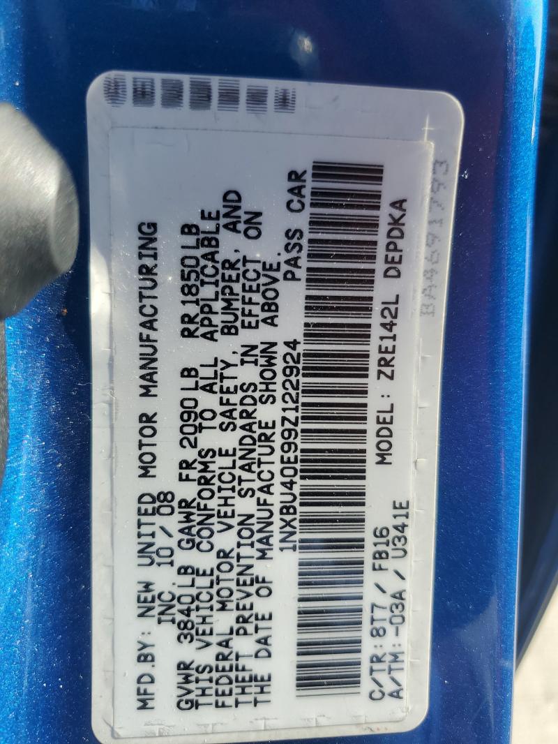 1NXBU40E99Z122924 - 2009 TOYOTA COROLLA BASE BLUE photo 12