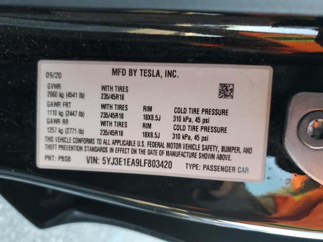 5YJ3E1EA9LF803420 - 2020 TESLA MODEL 3 BLACK photo 12