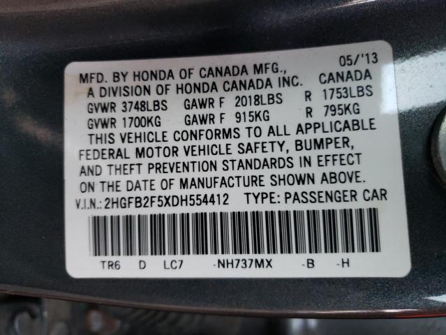 2HGFB2F5XDH554412 - 2013 HONDA CIVIC LX GRAY photo 12