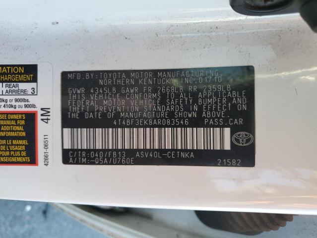 4T4BF3EK8AR083546 - 2010 TOYOTA CAMRY BASE Սպիտակ լուսանկար 12