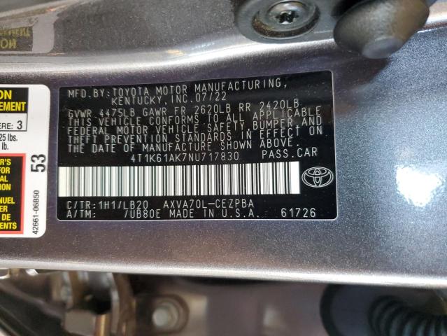 4T1K61AK7NU717830 - 2022 TOYOTA CAMRY XSE 灰色 照片 12