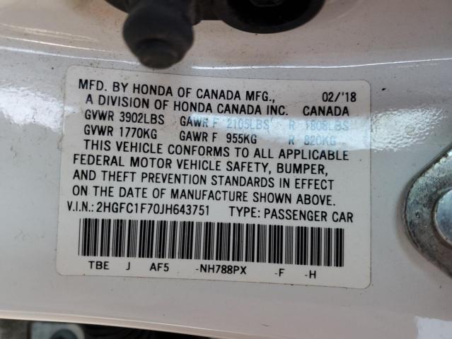 2HGFC1F70JH643751 - 2018 HONDA CIVIC EXL WHITE photo 12