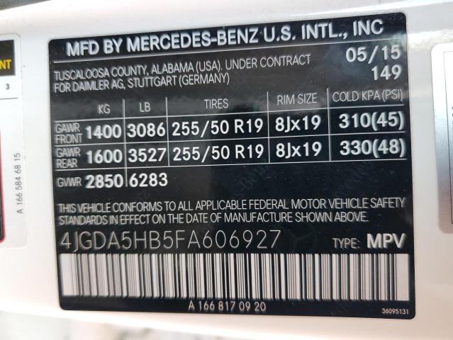 4JGDA5HB5FA606927 - 2015 MERCEDES-BENZ ML 350 4MATIC WHITE photo 14