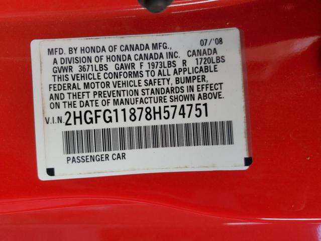 2HGFG11878H574751 - 2008 HONDA CIVIC EX RED photo 13