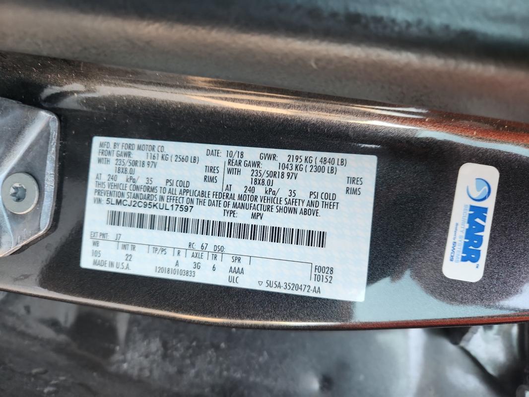 5LMCJ2C95KUL17597 - 2019 LINCOLN MKC SELECT Boz foto 12