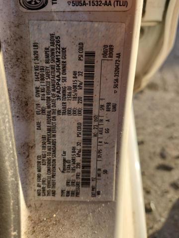 3FADP4AJ6KM122265 - 2019 FORD FIESTA S Ақ фото 12