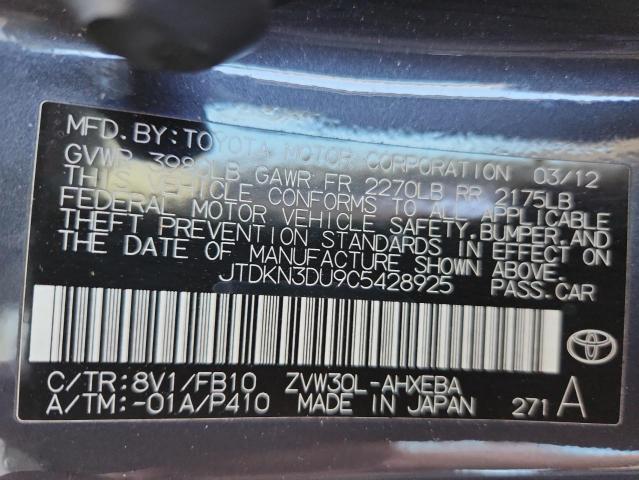 JTDKN3DU9C5428925 - 2012 TOYOTA PRIUS 灰色 照片 12