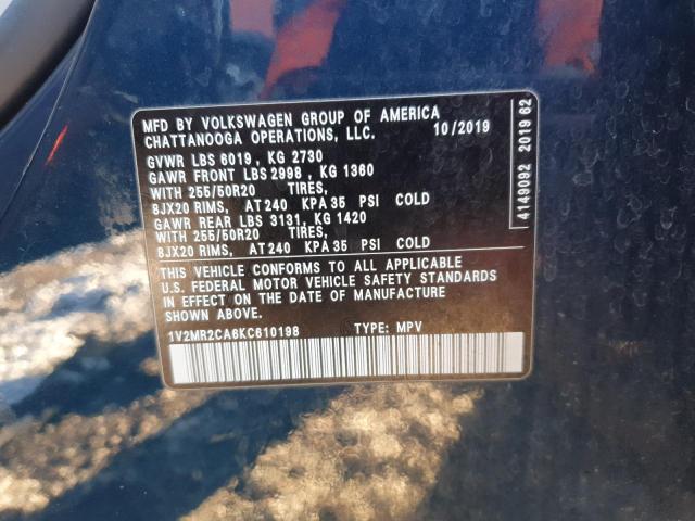 1V2MR2CA6KC610198 - 2019 VOLKSWAGEN ATLAS SEL BLUE photo 13