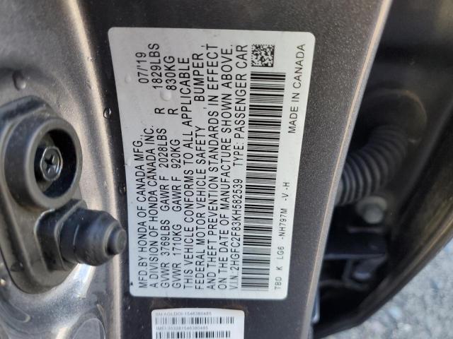 2HGFC2F83KH582539 - 2019 HONDA CIVIC SPORT GRAY photo 12