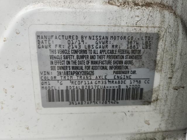 3N1AB7AP9KY289426 - 2019 NISSAN SENTRA S Weiß Foto 13