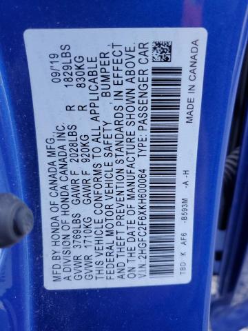 2HGFC2F6XKH600064 - 2019 HONDA CIVIC LX BLUE photo 12