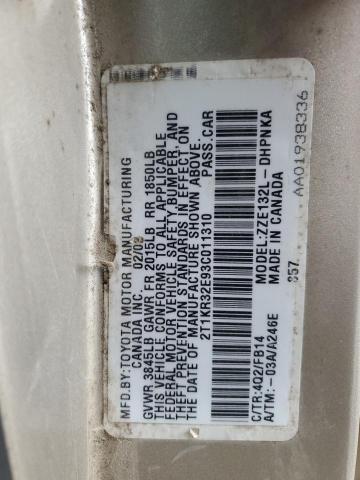 2T1KR32E93C011310 - 2003 TOYOTA COROLLA MA XR TAN photo 12