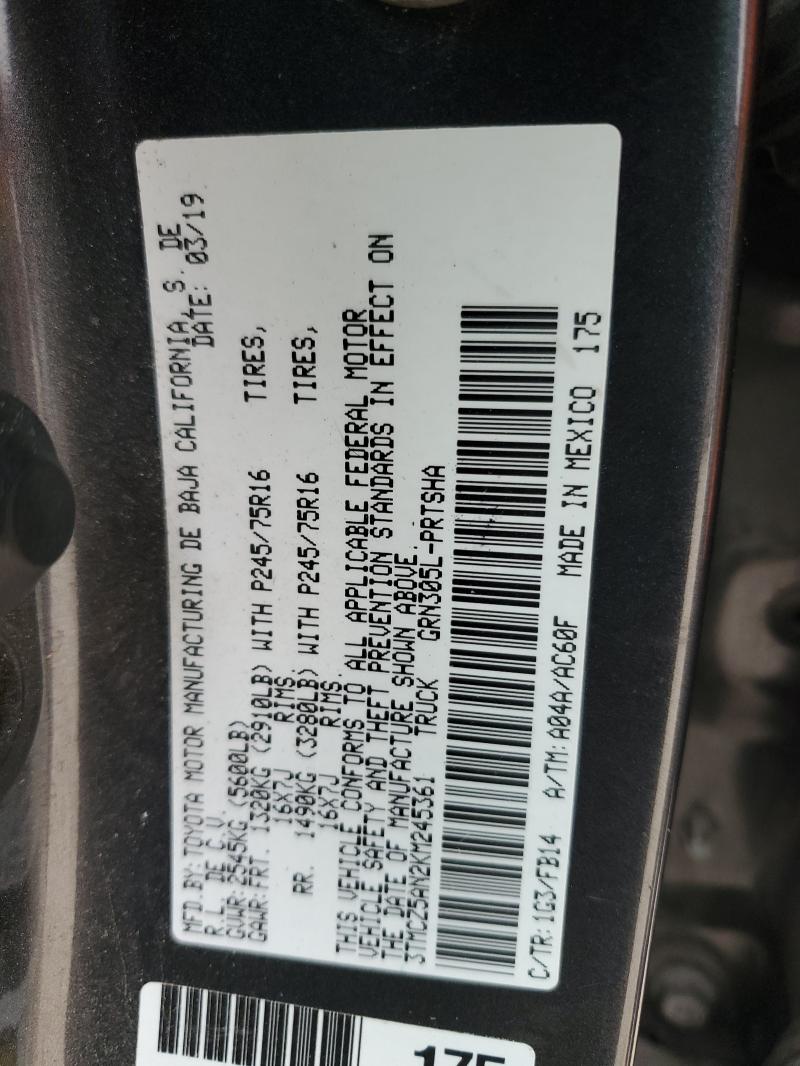 3TMCZ5AN2KM245361 - 2019 TOYOTA TACOMA DOUBLE CAB BLACK photo 12