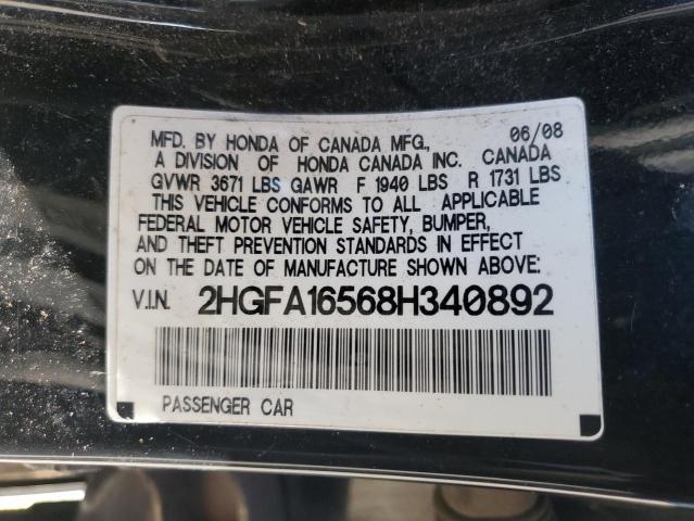 2HGFA16568H340892 - 2008 HONDA CIVIC LX BLACK photo 12