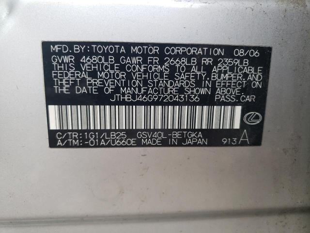 JTHBJ46G972043136 - 2007 LEXUS ES 350 SILVER photo 13