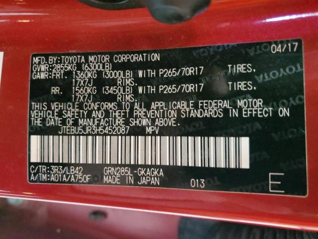 JTEBU5JR3H5452087 - 2017 TOYOTA 4RUNNER SR5/SR5 PREMIUM ბურგუნდია ფოტო 14