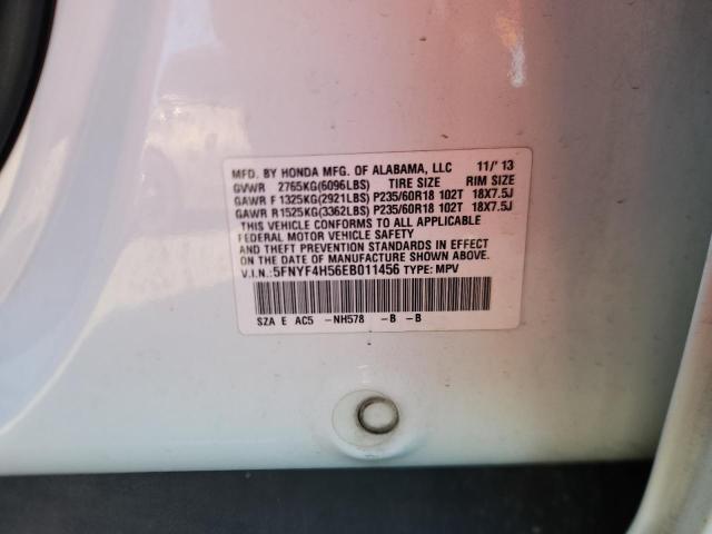 5FNYF4H56EB011456 - 2014 HONDA PILOT EXL WHITE photo 12