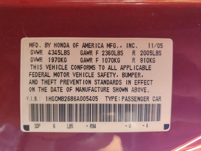 1HGCM82686A005405 - 2006 HONDA ACCORD EX RED photo 12