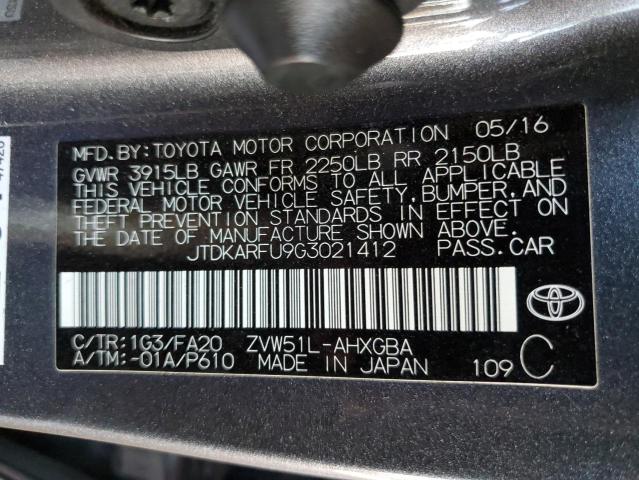 JTDKARFU9G3021412 - 2016 TOYOTA PRIUS 灰色 照片 12