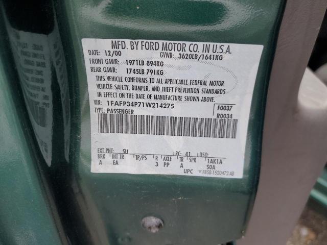 1FAFP34P71W214275 - 2001 FORD FOCUS SE GREEN photo 12