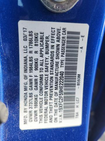 19XFC2F59HE222040 - 2017 HONDA CIVIC LX BLUE photo 13