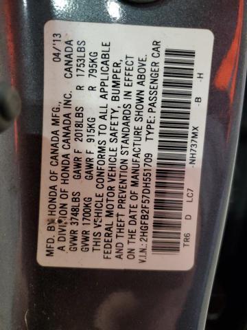 2HGFB2F57DH551709 - 2013 HONDA CIVIC LX 灰色 照片 12