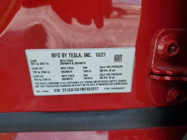 5YJSA1E61MF451017 - 2021 TESLA MODEL S RED photo 12