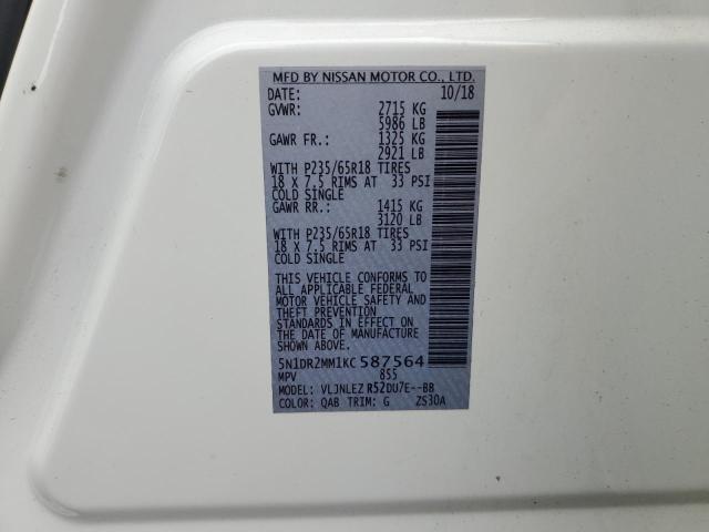 5N1DR2MM1KC587564 - 2019 NISSAN PATHFINDER S Ақ фото 14