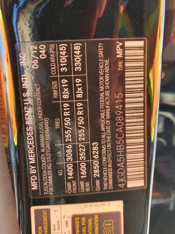 4JGDA5HB5CA089415 - 2012 MERCEDES-BENZ ML 350 4MATIC BLACK photo 12