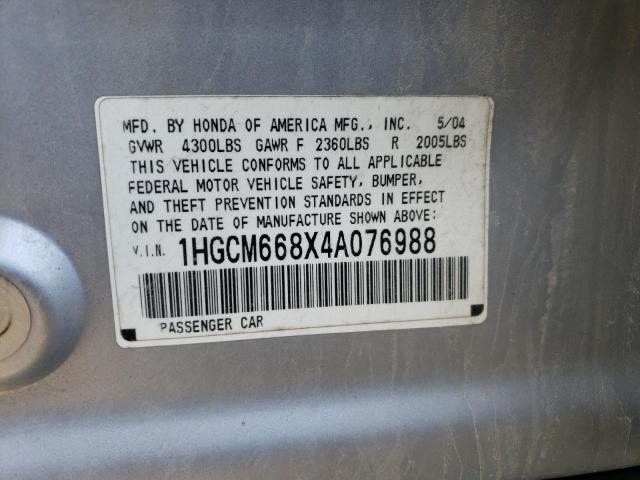 1HGCM668X4A076988 - 2004 HONDA ACCORD EX SILVER photo 12