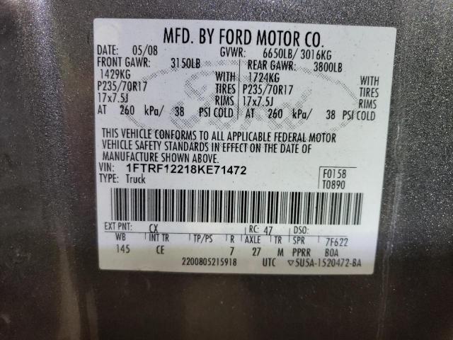 1FTRF12218KE71472 - 2008 FORD F150 CHARCOAL photo 12