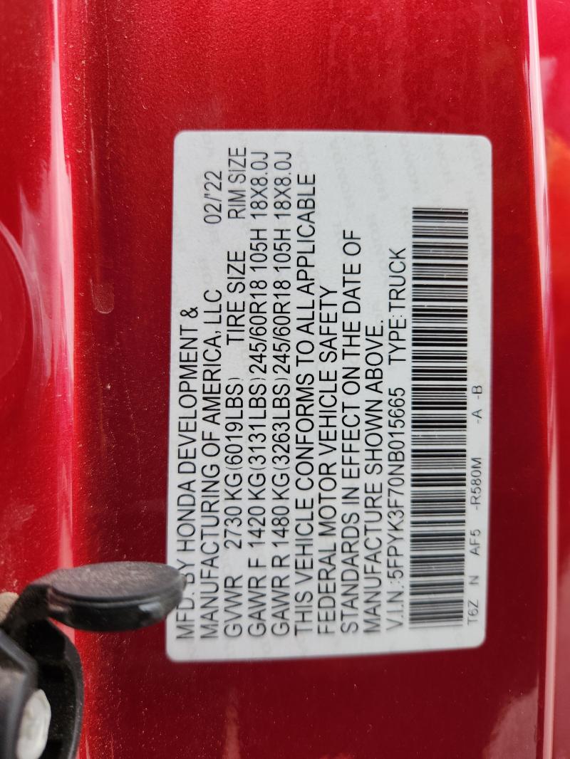 5FPYK3F70NB015665 - 2022 HONDA RIDGELINE RTL Қызыл фото 12