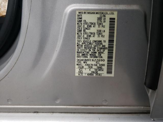 5N1AR18U97C622690 - 2007 NISSAN PATHFINDER LE SILVER photo 13