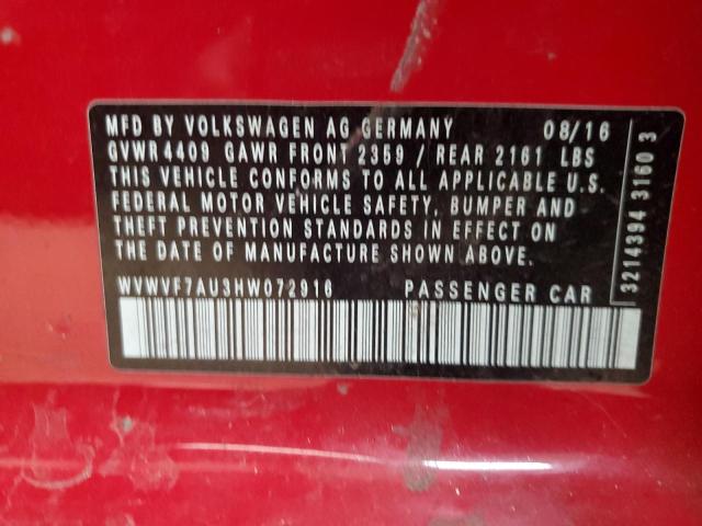 WVWVF7AU3HW072916 - 2017 VOLKSWAGEN GOLF R წითელი ფოტო 12