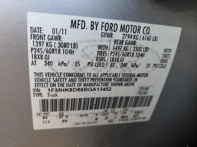 1FMHK8D88BGA13452 - 2011 FORD EXPLORER XLT Srebrny zdjęcie 13