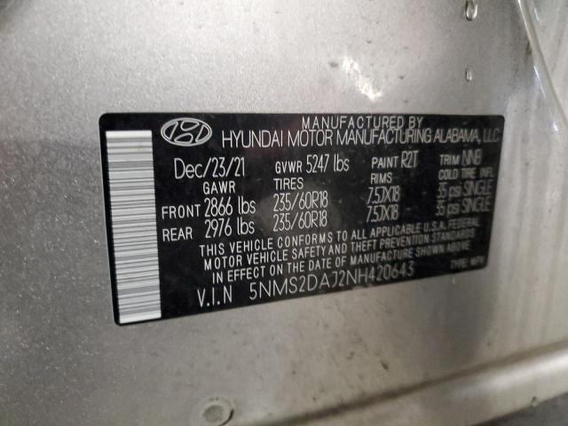 5NMS2DAJ2NH420643 - 2022 HYUNDAI SANTA FE SEL SILVER photo 13