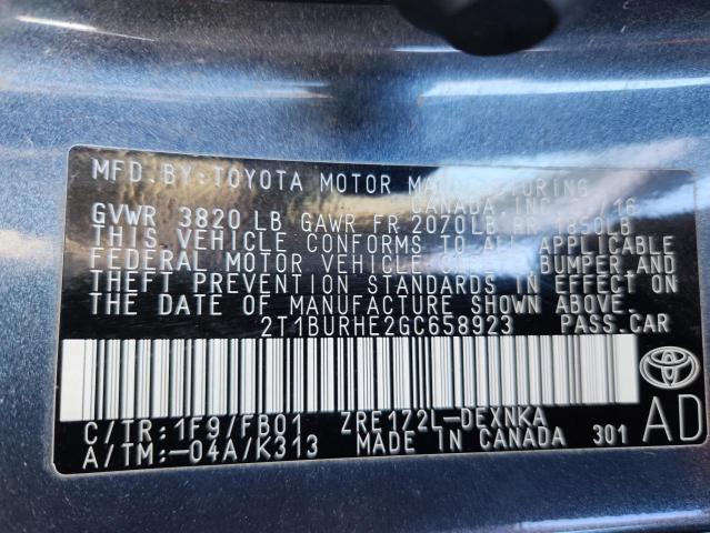 2T1BURHE2GC658923 - 2016 TOYOTA COROLLA L CHARCOAL photo 12