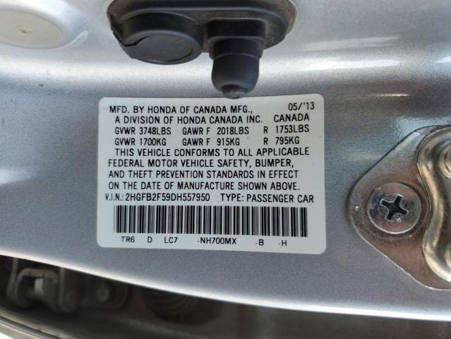 2HGFB2F59DH557950 - 2013 HONDA CIVIC LX SILVER photo 12