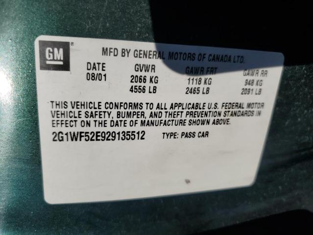 2G1WF52E929135512 - 2002 CHEVROLET IMPALA Yaşıl foto 12