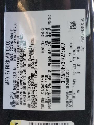 3FA6P0H73FR275609 - 2015 FORD FUSION SE BLACK photo 12